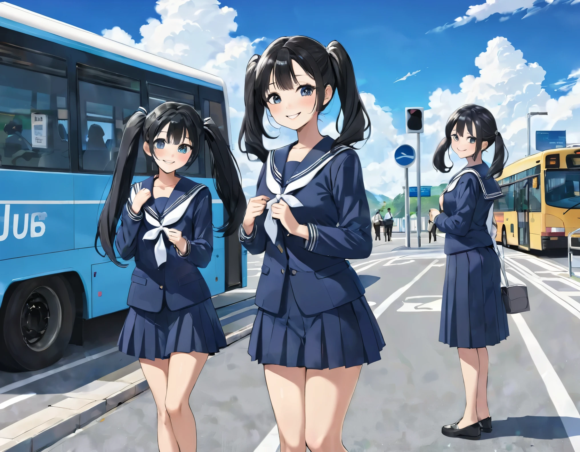 Black long hair、Two beautiful girls with twin tails、Sailor suit、Bright smile、Full Body View、Waiting for a bus at the bus stop、I can see the bus、White clouds in blue sky、Face Highlights