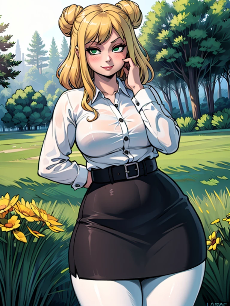 high_aesthetic,art by Lazorchef, ((Masterpiece, best quality, perfect lighting, amazing shading)), perfect anatomy, field of depth, extremely beautiful, blonde hair in a bun, green eyes, black pencil skirt, dress shirt, pantyhose, cute smile, (curvy), blushing, (cowboy shot), (cute pose), simple background