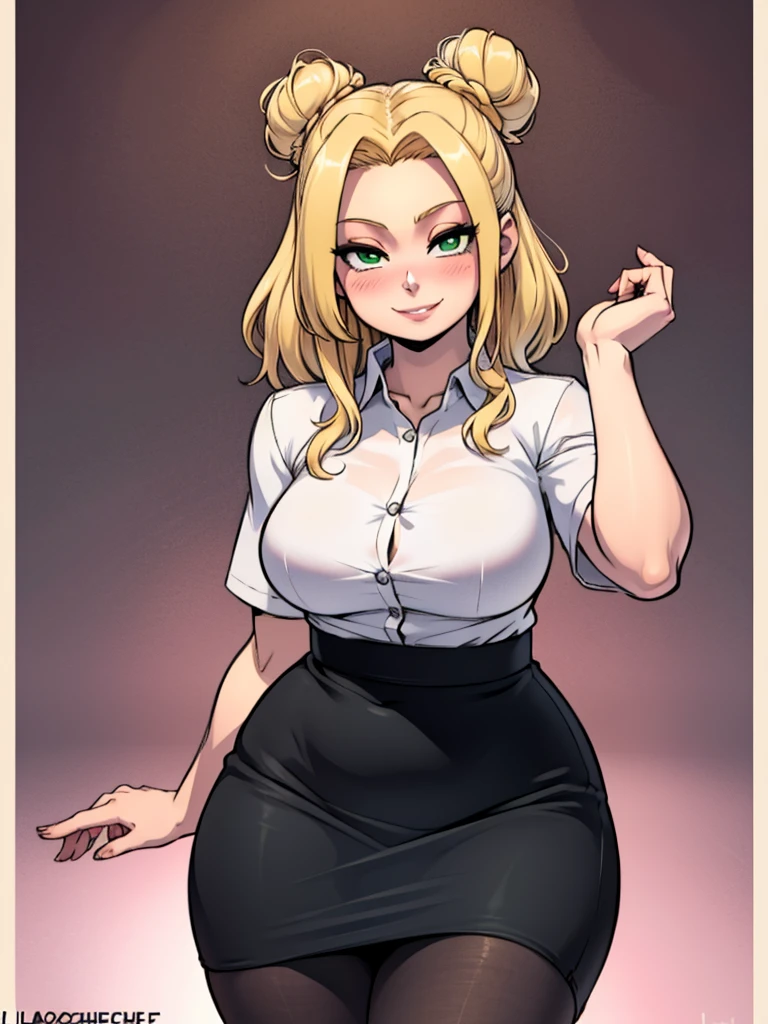 high_aesthetic,art by Lazorchef, ((Masterpiece, best quality, perfect lighting, amazing shading)), perfect anatomy, field of depth, extremely beautiful, blonde hair in a bun, green eyes, black pencil skirt, dress shirt, pantyhose, cute smile, (curvy), blushing, (cowboy shot), (cute pose), simple background