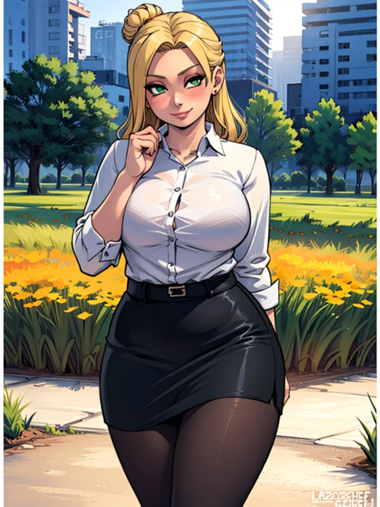 high_aesthetic,art by Lazorchef, ((Masterpiece, best quality, perfect lighting, amazing shading)), perfect anatomy, field of depth, extremely beautiful, blonde hair in a bun, green eyes, black pencil skirt, dress shirt, pantyhose, cute smile, (curvy), blushing, (cowboy shot), (cute pose), simple background