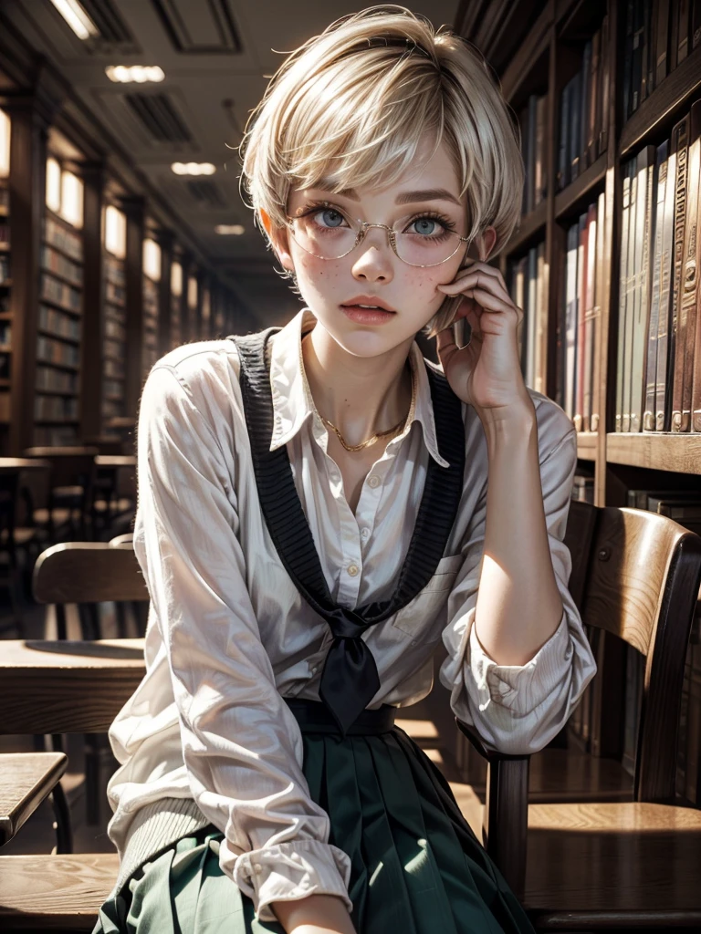 1girl, elegant bearing, small, slender build, short height, narrow shoulders, pale skin dotted by freckles, short platinum blonde hair, (((pixie cut hairstyle))), (((boyish hair))), (dark green eyes), silver glasses, cute facial features with an underlying elegance, thin lips, small breasts, youthful teen girl, RAW photo, ((slim body: 1)), (HQ skin: 1.4), 8k uhd, soft light, high quality, ((school uniform, white clothes, gold accents, (looking at viewer:1.4), library
