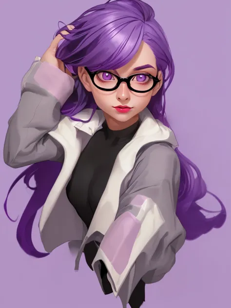 girl with purple hair and glasses,  and no clothes, 1girl, grey eyes, ((one_color_background)), anatomically correct, accurate