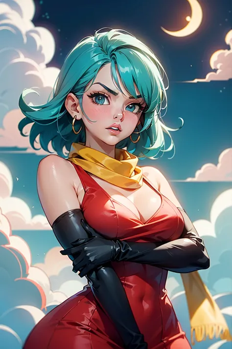 waifu, masterpiece, curvy, breasts, moon, full moon, gloves, 1girl, clenched teeth, bulma, cleavage, large breasts, teeth, aqua ...