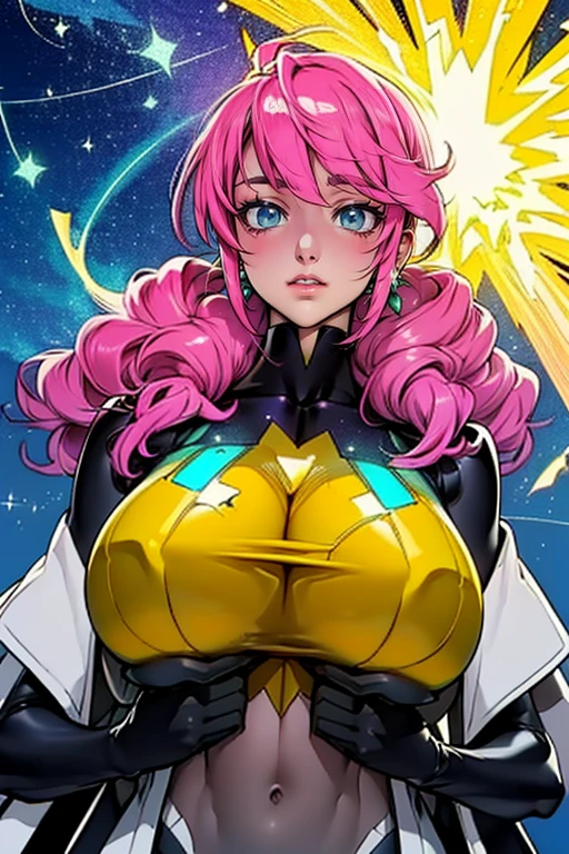 (masterpiece, top quality), (medium),official art, beautiful and aesthetic:1.2),(feldt:1.3), (fractal art:1.3), gundam00, pink hair, ((yellow bodysuit)), from side, (slendered abs:1.2), looking at viewer,(((starry sky))), stars in the background,((black gloves)),((gigantic breasts:1.5)), (drill hair),((ultra detail eyes:1.5)),((extremely detailed CG unity 8k wallpaper,masterpiece, best quality)), ((ultra-detailed:1.5)),(best illumination, best shadow, an extremely delicate and beautiful),(extremely detailed CG unity 8k wallpaper,masterpiece, best quality, ultra-detailed),(best illumination,  best shadow, an extremely delicate and beautiful),(masterpiece), digital art, otherworldly, a burst of color, explosive energy, chaotic beauty, (hair flowing:1.2, hair glowing), (background: broken, shattered, fractured), (light: flickering, pulsating, radiating).