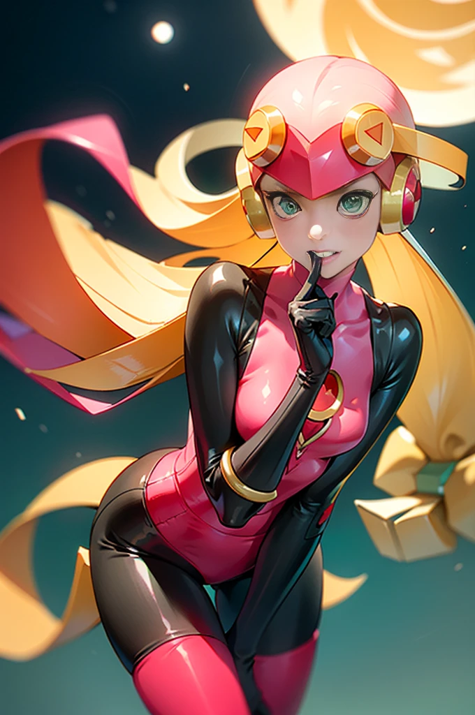Waifu, masterpiece, curvy, breasts, moon, full moon, gloves, 1girl, clenched teeth, cleavage, large roll_exe_megamanbn,(helmet),blonde hair,long hair,leotard,green eyes,pink bodysuit,bodysuit,, breasts, teeth, ((roll_exe:1.2)), (small breasts:1.1), rating:explicit,rule34, , ,clenched hands, night, sky, ((pink bodysuit:1.4)),(white skin:1.4), clenched hand, rating:questionable, (((long blonde hair:1.5))), solo, angry, lip biting, official illustration, illustration, detailed face, beautiful intricate eyes, curvy milf, 1:2), closeup, titsnipples