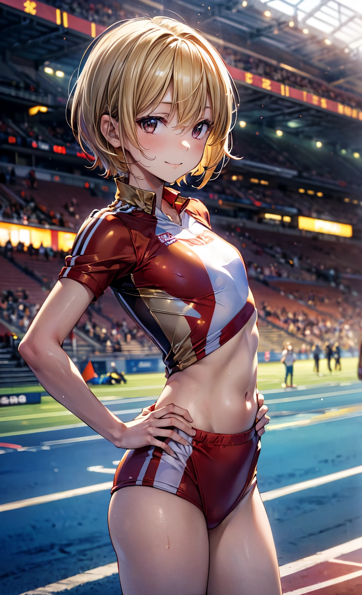 masterpiece, Highest quality, Super detailed, Ultra-high resolution, Highly detailed face, anime, Front angle, ((alone)), (((girl, Golden short hair))), (((Crimson track uniform, No sleeve))), Mid-chest, Slender body, (((A small smile))), ((exposing the abdomen)), Hands on hips, Stand in the athletics arena