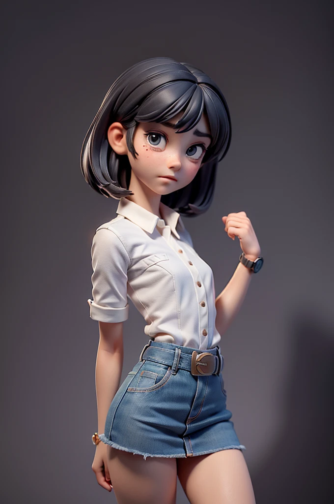 (((((alone))))),(((((masterpiece))))), (((((Best Quality))))),(((((Very detailed))))), finely, Depth of written boundary, Sharp details, Detailed clothing, High resolution,One girl,Beautiful detailed face:), ,(((Slim Body))),(((Small Ass))),(((Denim mini skirt))),(((Wear a belt))),(Wearing a tight short-sleeved collared shirt))),(((Wearing a watch))),(((Sandals))),(((Cowboy Shot))),(((I am going to cry))),(((Monotone background))),((Hiccups)))