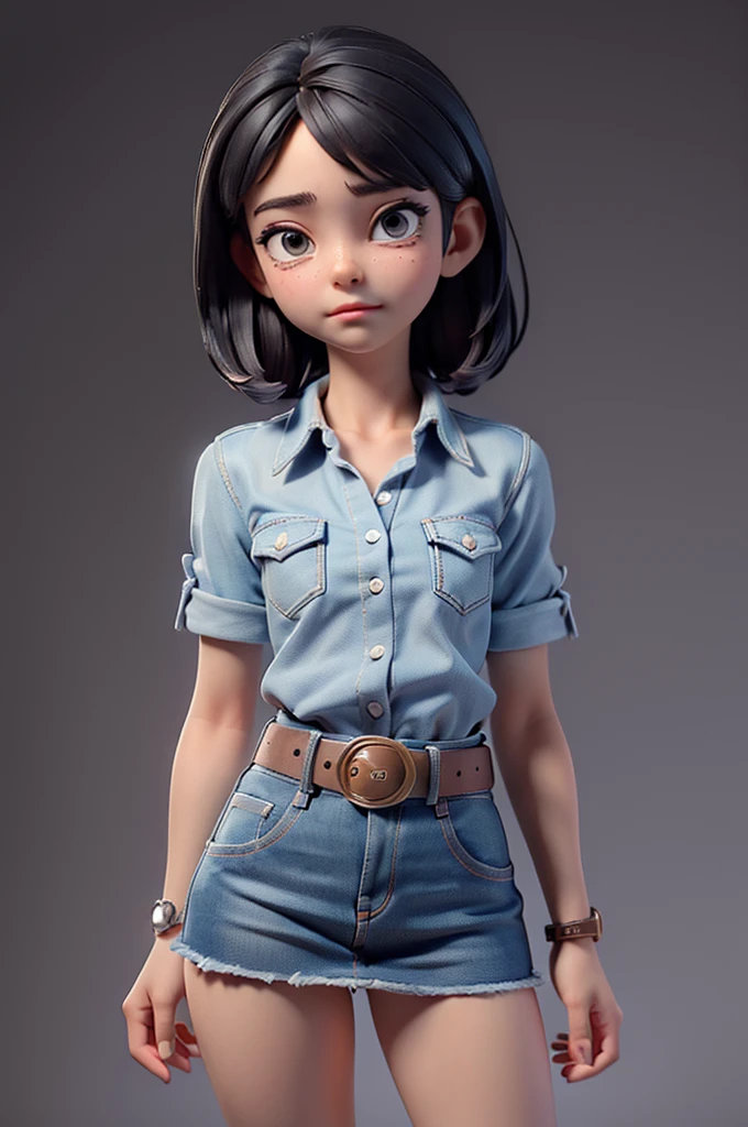 (((((alone))))),(((((masterpiece))))), (((((Best Quality))))),(((((Very detailed))))), finely, Depth of written boundary, Sharp details, Detailed clothing, High resolution,One girl,Beautiful detailed face:), ,(((Slim Body))),(((Small Ass))),(((Denim mini skirt))),(((Wear a belt))),(Wearing a tight short-sleeved collared shirt))),(((Wearing a watch))),(((Sandals))),(((Cowboy Shot))),(((I am going to cry))),(((Monotone background))),((Hiccups)))