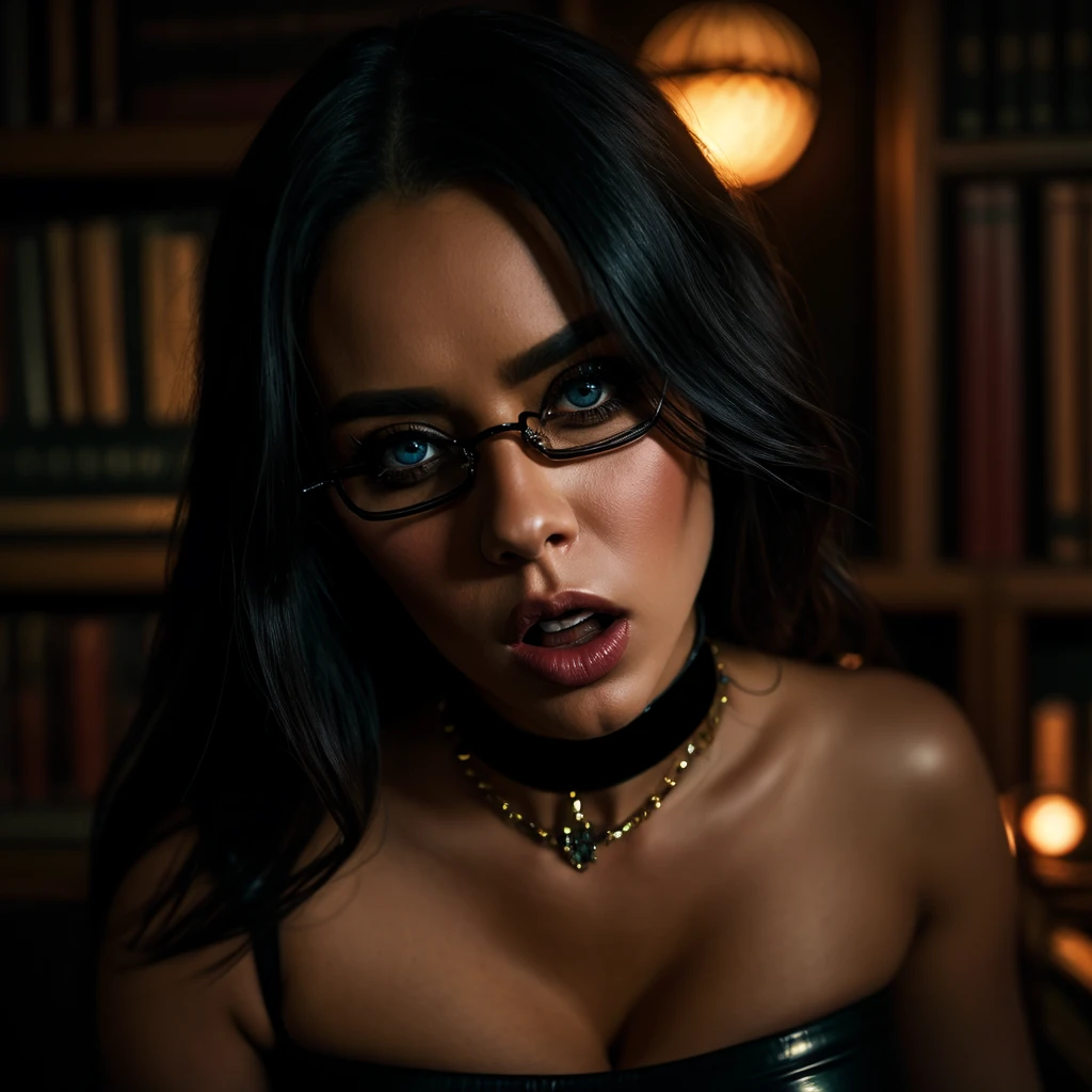 A beautiful milf with huge , round glasses, in a library, sitting on a  table - SeaArt AI