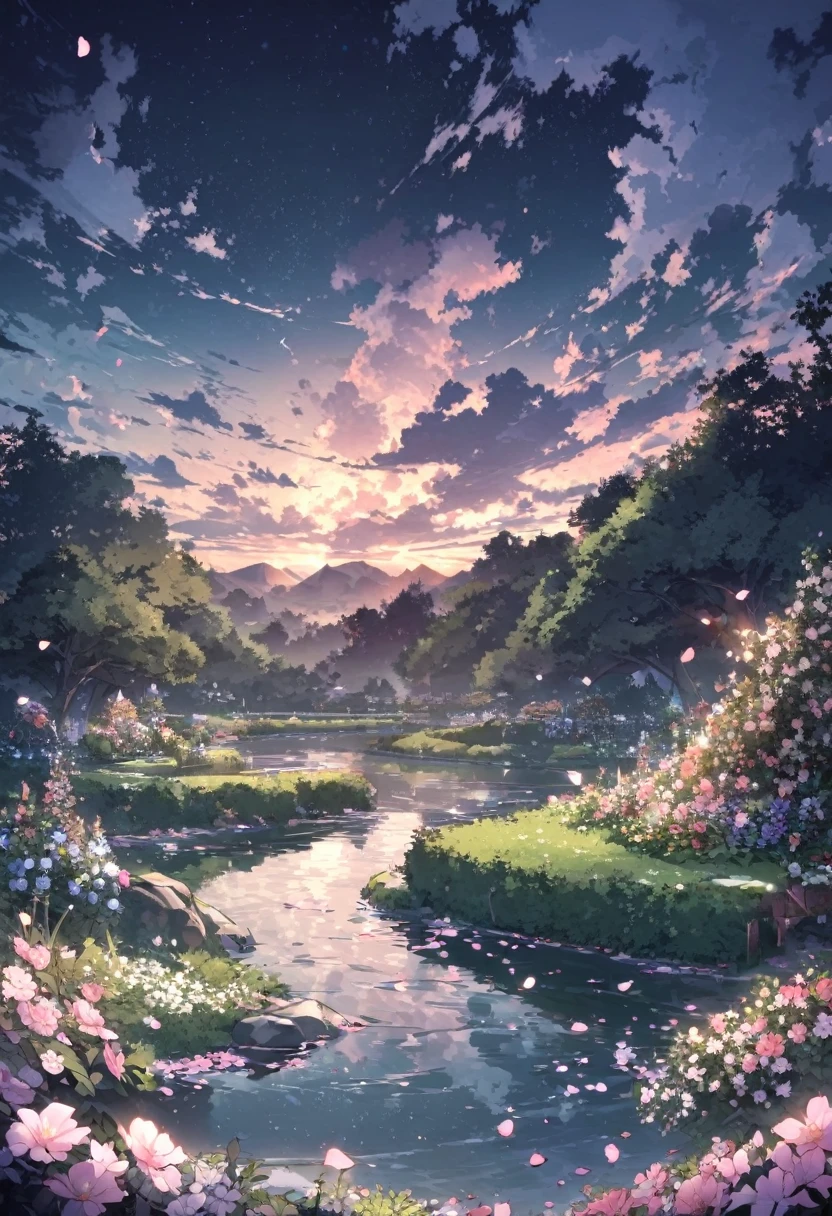 (magical pretty night null green stream overlay scene), (null), (cloud), Soft lighting, Clean background, Beautiful views, masterpiece, high quality, Beautiful graphics, High detail, Spectacular views, garden, Flowers, cloud, (night starry null, River behind, Behind is a huge old tree々, Shiny pink petals fall behind)