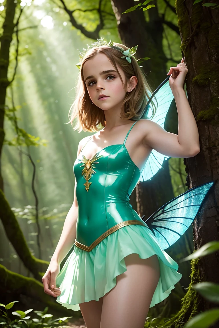 une belle adolescente Emma Watson en fée dans la forêt. ses traits vibrants et jeunes créent une juxtaposition saisissante de beauté éthérée. robe de fée moulante en latex, robe courte, ailes scintillantes.
