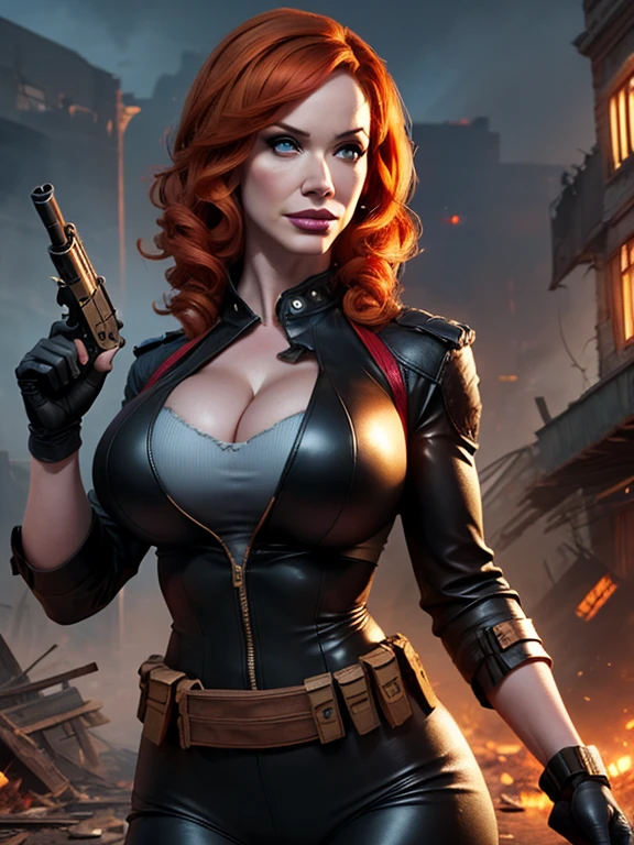 Voluptuous Christina Hendricks, alluring 48 year old woman, High-quality facial research of Christina Hendricks, (Christina's sculpted cheekbones and slight wrinkles around the face), High-quality detailed research of Christina Hendricks voluptuous figure. ((aiming at the viewer with a gun)), skin-tight black leather suit, utility belt, two pistols, ((holding a handgun)), (((decent looking gun)))), detailed background, flash, shooting smoke, outdoor, collapsed city, post apocalypse, smoke and fog in the air, collapsed building, broken street, ((square)), beautiful background, falling cartridge case. epic artistic, sharp focus, even lighting, insane details, intricate details, hyperdetailed, rich colors. The 4k textures showcases the utmost level of detail, while the cinematic lighting adds depth and bleakness to the scene.
