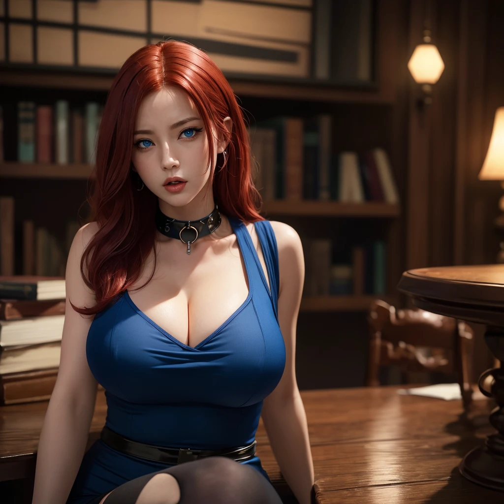 1 milf, solo, full body, ((red hair, blue eyes)), (Best quality, high resolution: 1.2), Ultra detailed, realistic, a beautiful milf with huge breasts, wearing round glasses, sitting on a table in a library , wearing tight black latex stockings that dig into her juicy thighs, wearing a choker collar that strongly compresses her neck, her tongue sticking out and eyes rolled up, (best quality,4k,8k,highres,masterpiece:1.2),ultra-detailed ,(realistic,photorealistic,photo-realistic:1.37),detailed eyes,detailed lips,extremely detailed face,long eyelashes,elegant mature woman,seductive pose,intense expression,chiaroscuro lighting,moody atmosphere,dramatic shadows,rich colors,cinematic, portrait. (Perfect details: 1.1), (beautiful and clear background: 1.2), (Extremely detailed CG, Ultra detailed, best shadow: 1.1), (perfectly detailed beautiful eyes), (full length 1.1)