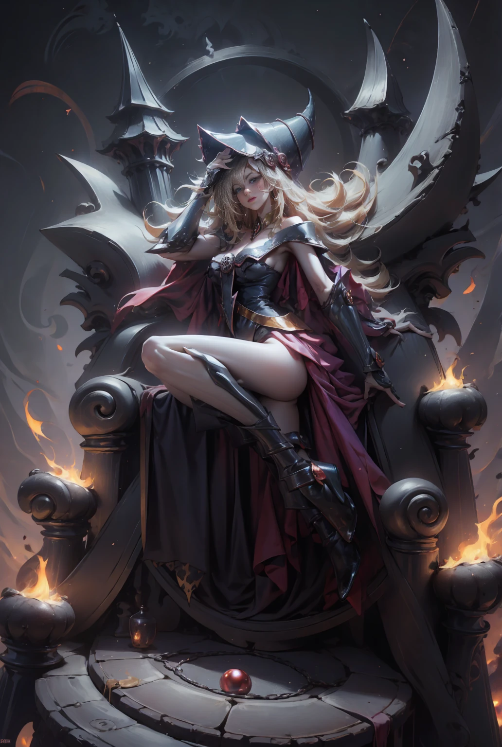 Dark magician gils with black gala dress. She wears red heels, has earrings. Wear necklaces.  Long blonde hair. blue eyes. Red lips. Sensual and subjective pose. Castle Background 