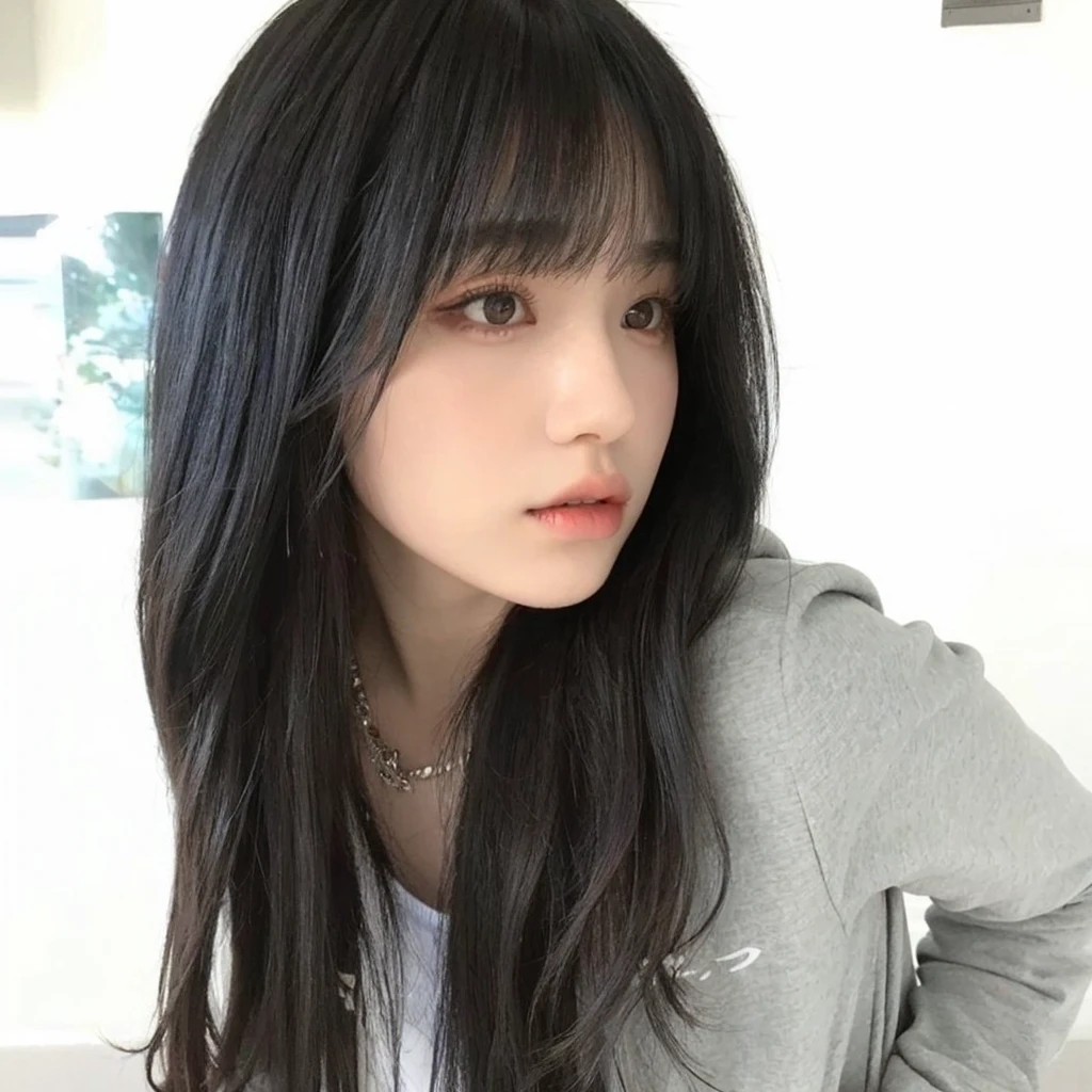 Korean girl with long black hair and bangs, she has pale skin - SeaArt AI