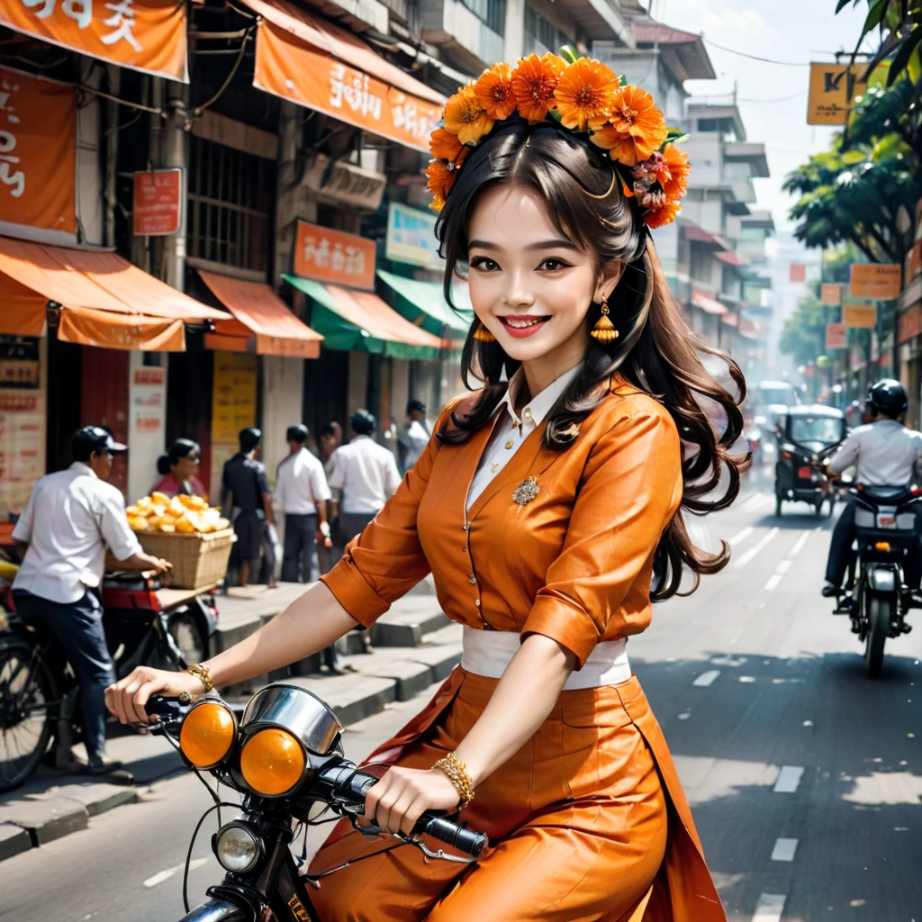 "Create an eye-catching digital illustration of a cheerful woman in traditional attire with large earrings and an elaborate hairstyle, riding an orange pedicab (bajaj) on a busy city street. The pedicab has a license plate that says 'BAJAK'. Include festive elements with a backdrop of city shops and other motorcyclists. Add the text 'Happy Birthday Djakarta' at the top to celebrate Jakarta's anniversary."