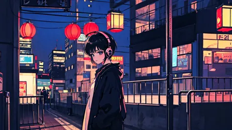 black short hair, black clothing, one adult woman looking sideways ,blue headphones、 city of night, delicate background、masterpi...