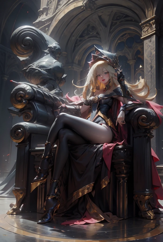 Dark magician gils with black gala dress. Wear dark tights. She wears red heels, has earrings. Wear necklaces.  Long blonde hair. blue eyes. Red lips. Sensual and subjective pose. She is sitting on a golden throne. Castle Background. She has black heels and transparent stockings 