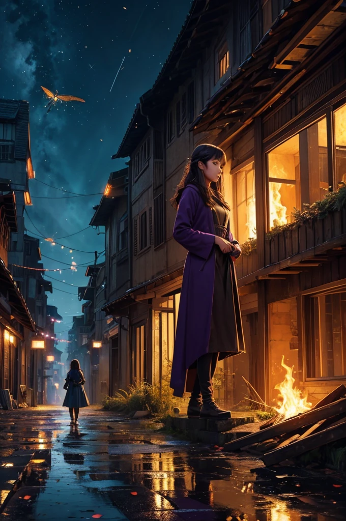 Vast landscape photos、A beautiful girl standing with a motorcycle in the background of a ruined city、puddle、Buildings eroded by nature、watercolor wind、A scene from the history of BREAK、 Artwork by、(Warm color light source:1.2)、(fire flies:1.2)、purple and green、details Intricate、volume lighting BREAK (​masterpiece:1.2)、(top-quality)、4K、ultra-detailed、（The composition of the movement：1.4）、highly detailed and colorful details（The heart will laugh：1.2）、（bright illumination、Atmospheric Illumination）、dream-like、magie、（standing alone：1.2）