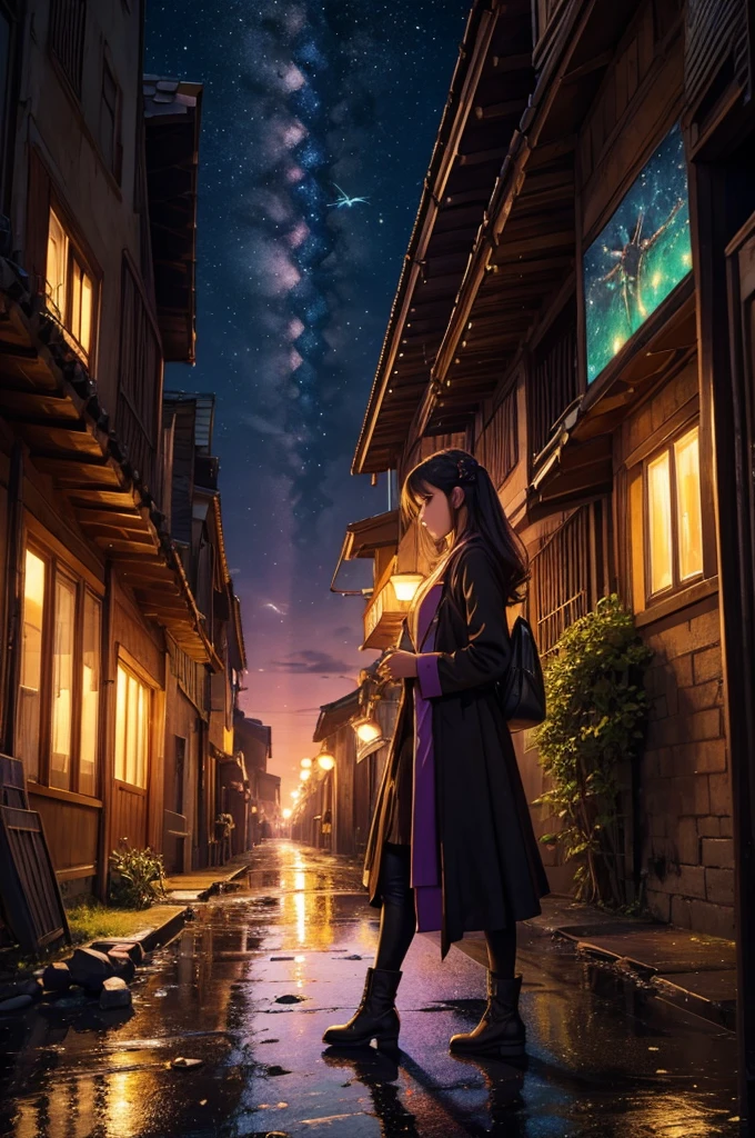 Vast landscape photos、A beautiful girl standing with a motorcycle in the background of a ruined city、puddle、Buildings eroded by nature、watercolor wind、A scene from the history of BREAK、 Artwork by、(Warm color light source:1.2)、(fire flies:1.2)、purple and green、details Intricate、volume lighting BREAK (​masterpiece:1.2)、(top-quality)、4K、ultra-detailed、（The composition of the movement：1.4）、highly detailed and colorful details（The heart will laugh：1.2）、（bright illumination、Atmospheric Illumination）、dream-like、magie、（standing alone：1.2）