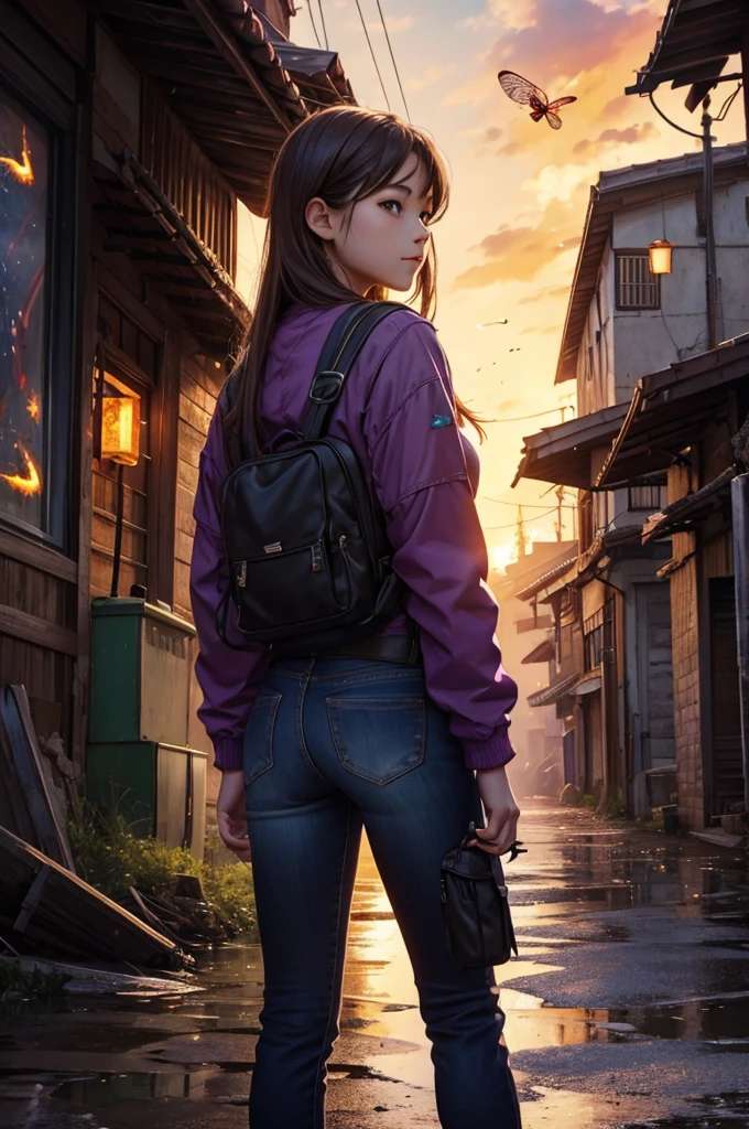 Vast landscape photos、A beautiful girl standing with a motorcycle in the background of a ruined city、puddle、Buildings eroded by nature、watercolor wind、A scene from the history of BREAK、 Artwork by、(Warm color light source:1.2)、(fire flies:1.2)、purple and green、details Intricate、volume lighting BREAK (​masterpiece:1.2)、(top-quality)、4K、ultra-detailed、（The composition of the movement：1.4）、highly detailed and colorful details（The heart will laugh：1.2）、（bright illumination、Atmospheric Illumination）、dream-like、magie、（standing alone：1.2）