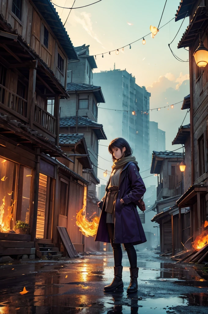 Vast landscape photos、A beautiful girl standing with a motorcycle in the background of a ruined city、puddle、Buildings eroded by nature、watercolor wind、A scene from the history of BREAK、 Artwork by、(Warm color light source:1.2)、(fire flies:1.2)、purple and green、details Intricate、volume lighting BREAK (​masterpiece:1.2)、(top-quality)、4K、ultra-detailed、（The composition of the movement：1.4）、highly detailed and colorful details（The heart will laugh：1.2）、（bright illumination、Atmospheric Illumination）、dream-like、magie、（standing alone：1.2）