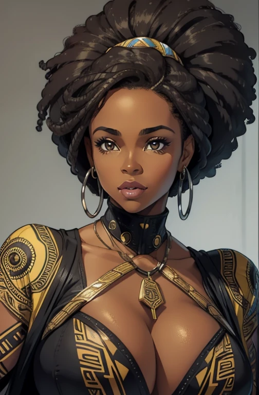 grauer Hintergrund, (eine 35-jährige Frau) braune Haut, schöne Afroamerikanerin, Allein, 1 Mädchen, Porträt, Afrikanisches Haar, Super detailliert, moderner Stil, direkter Blick, konturiert