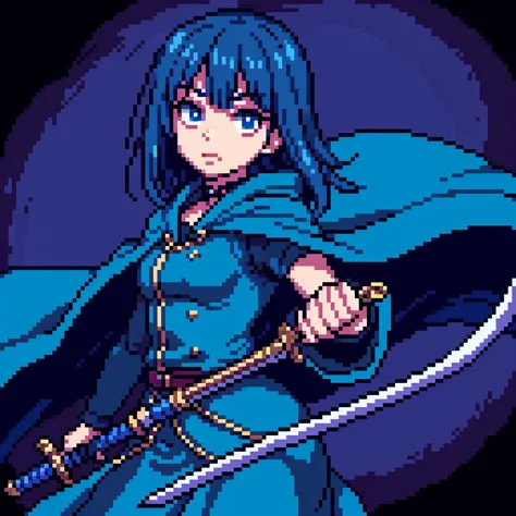 Pixel art style, junji ito style, girl with a blue cape and a shiny sword, dark, maximum maximum quality, high details, 8k, 4k, ...