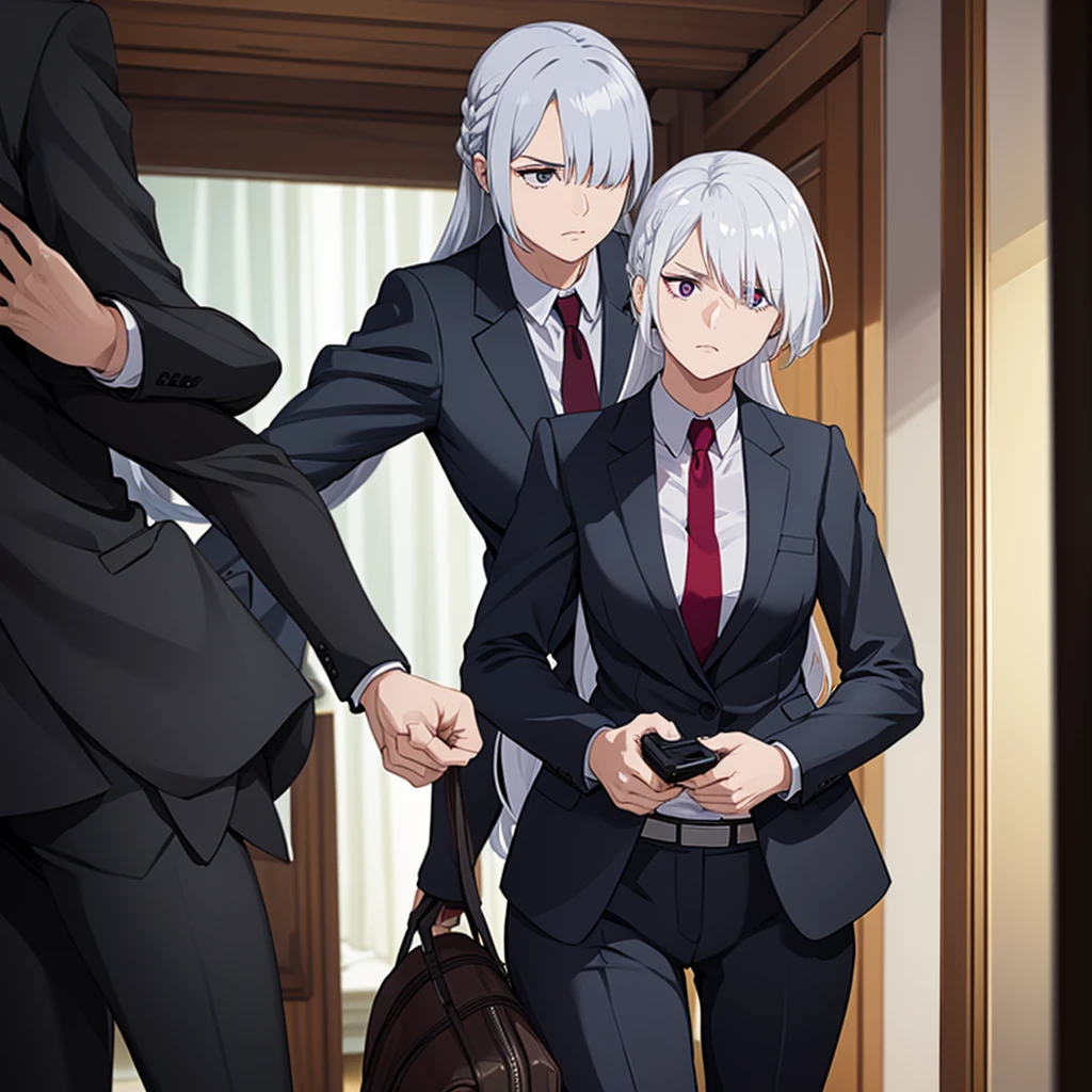 a woman wearing a black suit, silver hair, in a house
