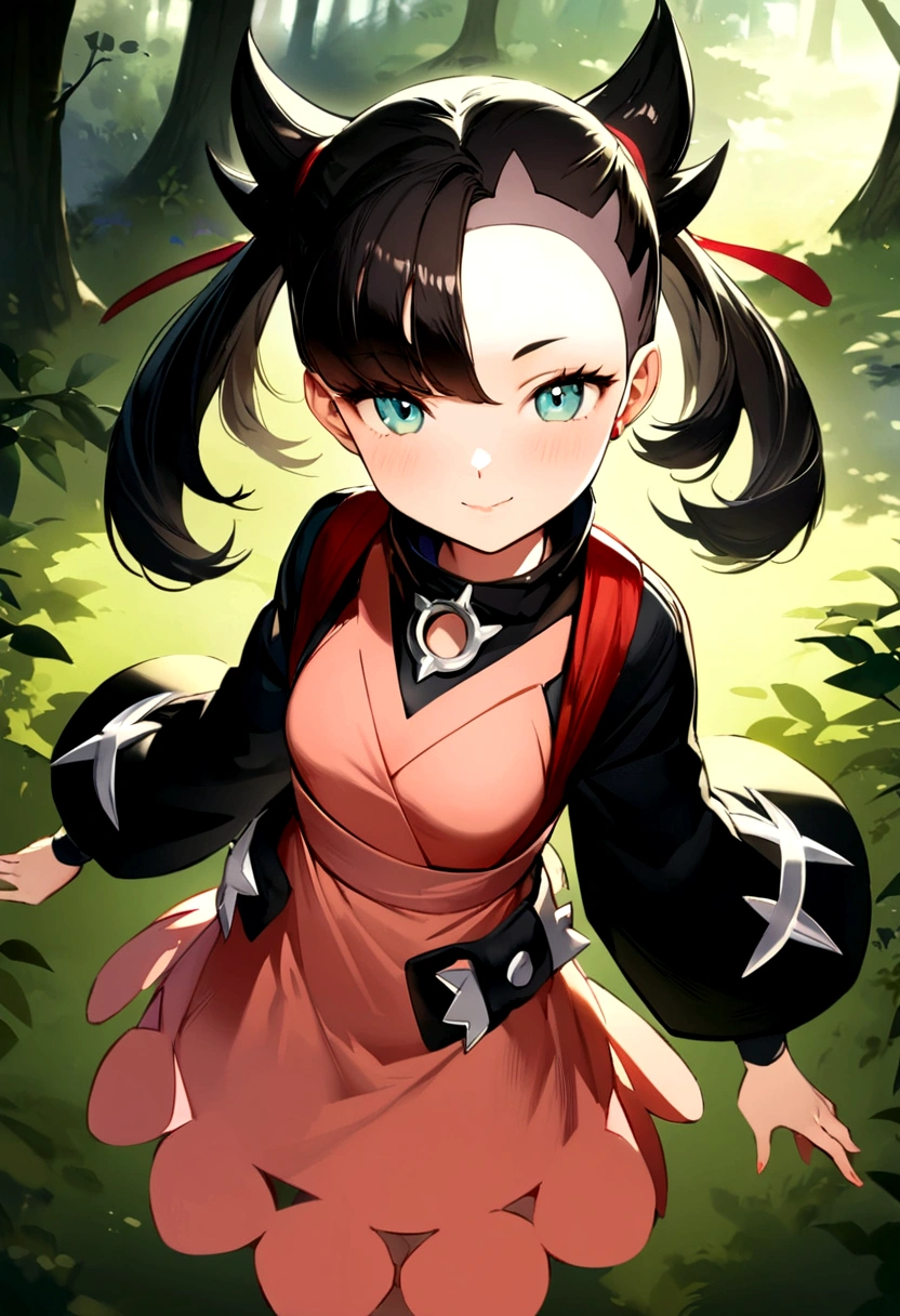 solo 1girl, ((marnie pokemon)), ((masterpiece)), ((high resolution)), ((best quality)), extremely fine and beautiful, super fine illustration, (realistic skin), (insanely detailed anime eyes), detailed face, vivid and beautiful, shocking sensation, incredibly detailed, beautiful detailed girl, front view, facing at viewer, profile, perfect shadow, realistic lighting shaded, (black hair), ((child)), (small breast), (sad), (forest background), ninja clothing, japanese clothing, dark clothing, (smiling), (mushroom in the forest)