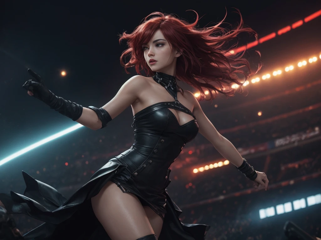 splash art, riot games, original art, 1 women, 4k, singing, ((low pov)), low shot, low angle, ((dynamic angle)), ((visual effect)), ultra realistic, ((dark)),  dark environment with neon lighting, neon, big stadium concert venue, singer, rockstar, concert, beautiful lighting effect, sexy, (((seductive))), speed movement, magic, ultra detailed, red medium hair, sexy black dress, strapless tube top dress, beutiful pose, cinematic, action.