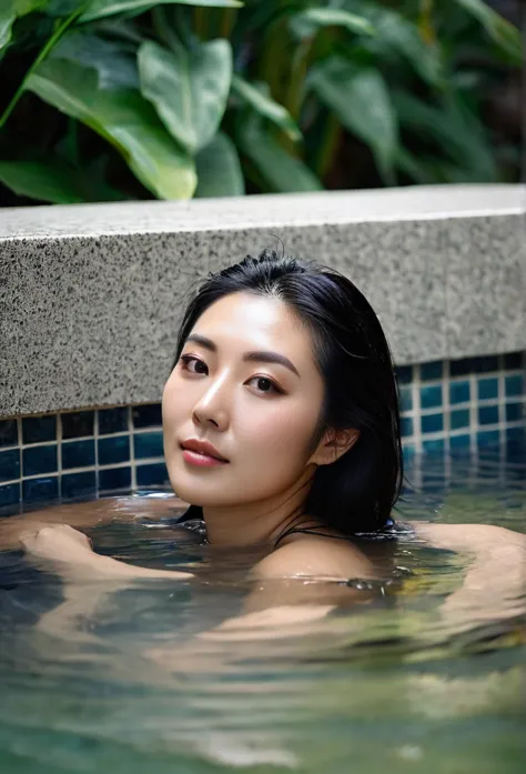 young woman, 27 years old,.She lies in a warm hot spring.. it&#39;s raining. She is standing in waist-deep water..  playing socc...