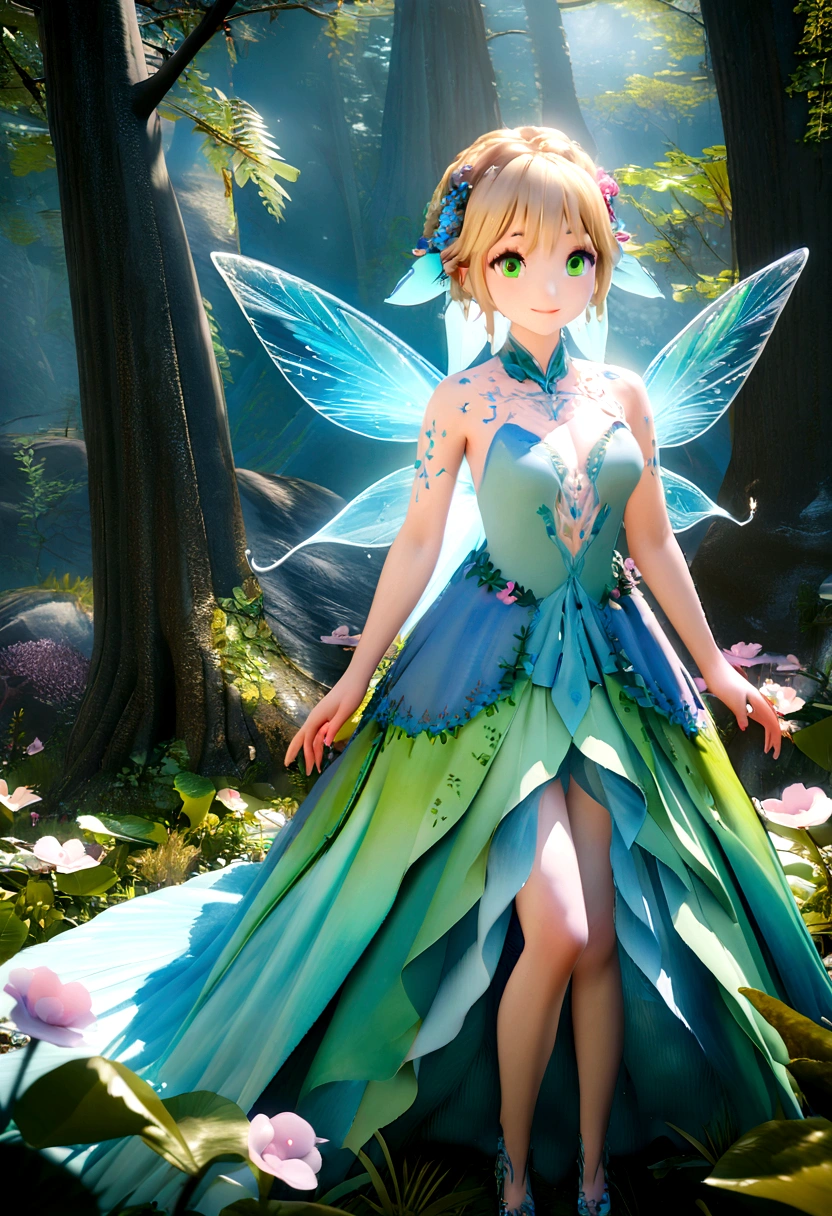 In this captivating 8K cinematic, cartoon 3-D style, masterpiece, a delicate, smiling full-body fairy character gracefully leaps through a lush, vibrant forest. The fairy, with mesmerizing transparent wings adorned with intricate patterns on her back, has long blonde hair and enchanting green eyes. She wears a light pink and blue dress adorned with tiny flowers, her delicate features adding to her ethereal beauty. The immersive scene, teeming with life and color, provides a high-quality visual experience that enthralls the senses. The 3D render brings the anime-inspired world to life, transporting viewers into a mesmerizing, otherworldly realm filled with dark fantasy and wildlife photography., cinematic, dark fantasy, wildlife photography, vibrant, 3d render, anime