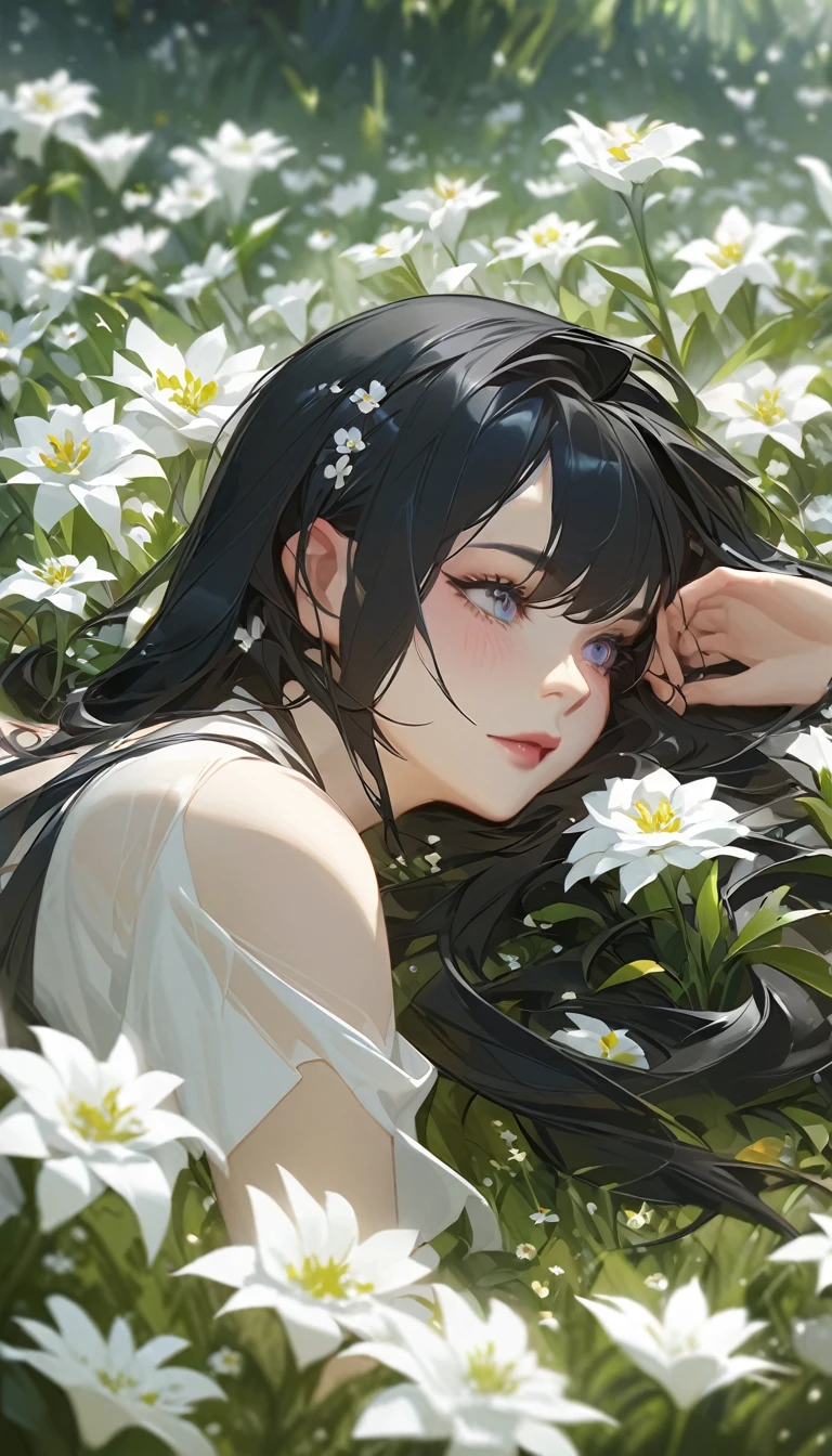  (oil:1.5),
\\
A woman with long black hair and white flowers in her hair is lying in a field of white flowers。, (Amy Sol:0.248), (Stanley Artjam Lau:0.106), (Detailed painting:0.353), (Gothic art:0.106)