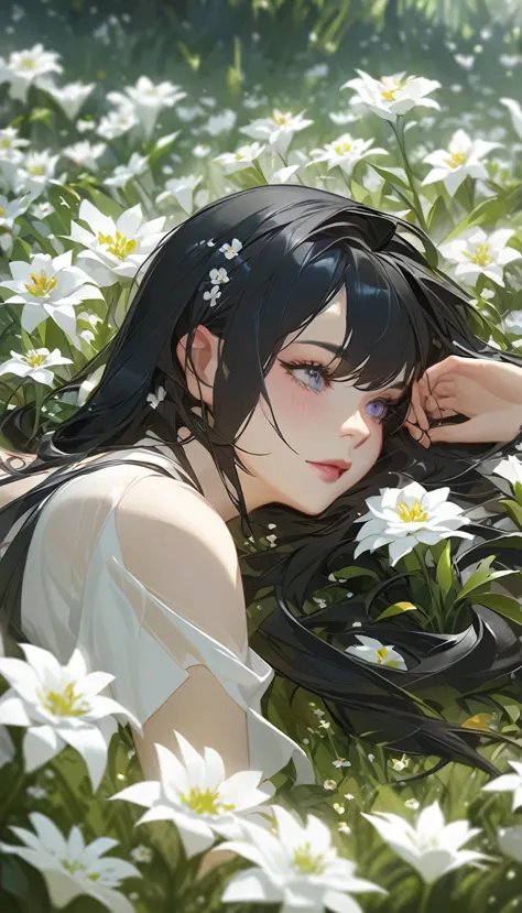  (oil:1.5),
\\
A woman with long black hair and white flowers in her hair is lying in a field of white flowers。, (Amy Sol:0.248)...