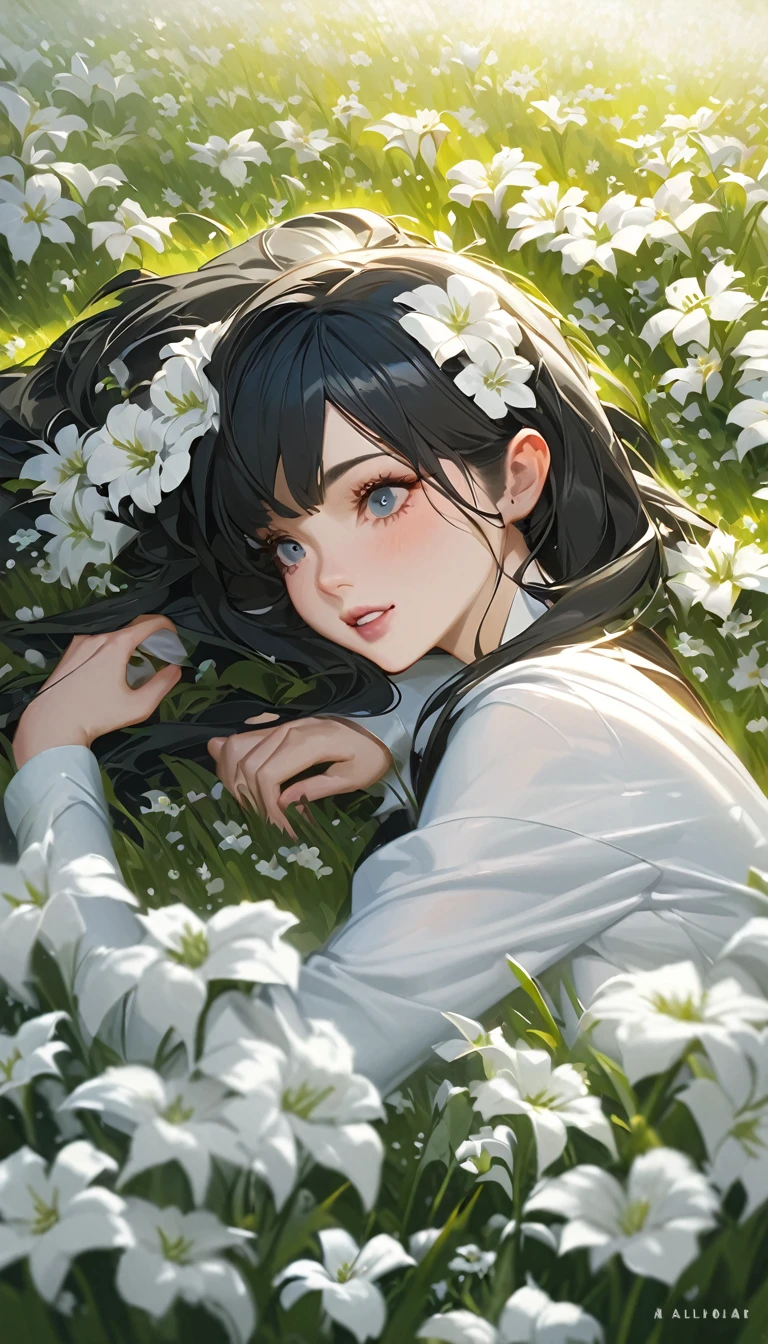  (oil:1.5),
\\
A woman with long black hair and white flowers in her hair is lying in a field of white flowers。, (Amy Sol:0.248), (Stanley Artjam Lau:0.106), (Detailed painting:0.353), (Gothic art:0.106)