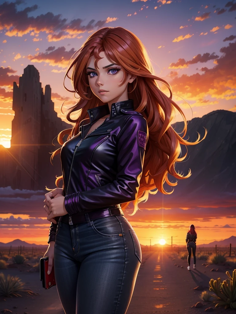 eine wunderschöne Frau mit sonnenuntergangsschimmerndem Haar, detaillierte Gesichtszüge, auffallend violette Augen, zartes Make-up, Schwarze Lederjacke mit geöffnetem Reißverschluss, lila Shirt, blaue Jeans, rot-weiße Sneaker mit weißen Schnürsenkeln, stehend in der Wüstenlandschaft von Tucson, Arizona, leuchtend orangefarbener Sonnenuntergangshimmel, 8k, sehr detailliert, Meisterwerk, fotorealistisch, filmische Beleuchtung, dramatische Farben, Detaillierte Hände und Füße