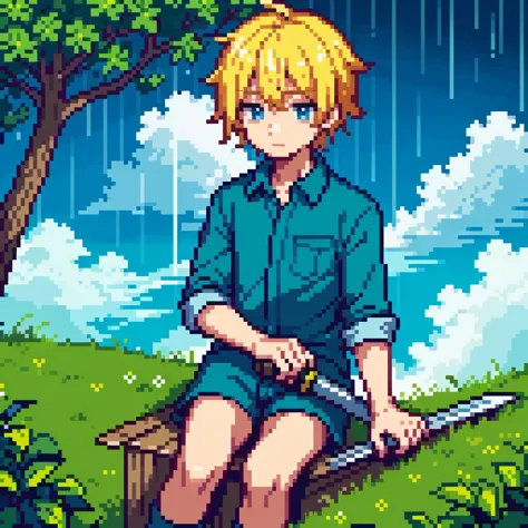 A boy with long yellow hair, sitting on a cut tree, watching clouds blowing with rain, his face is sad, he wears a blue shirt an...