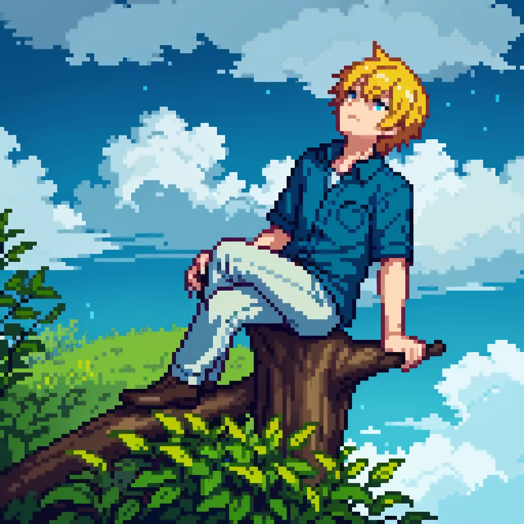 A boy with long yellow hair, sitting on a cut tree, watching clouds blowing with rain, his face is sad, he wears a blue shirt and has a sword Made of grass, (maximum quality, maximum details, 4k, 8k, light tones, high polish:1.2, sunlight between clouds, land of oh)