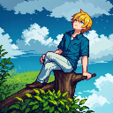 A boy with long yellow hair, sitting on a cut tree, watching clouds blowing with rain, his face is sad, he wears a blue shirt an...