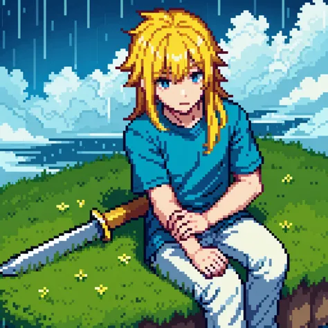 A boy with long yellow hair, sitting on a cut tree, watching clouds blowing with rain, his face is sad, he wears a blue shirt an...