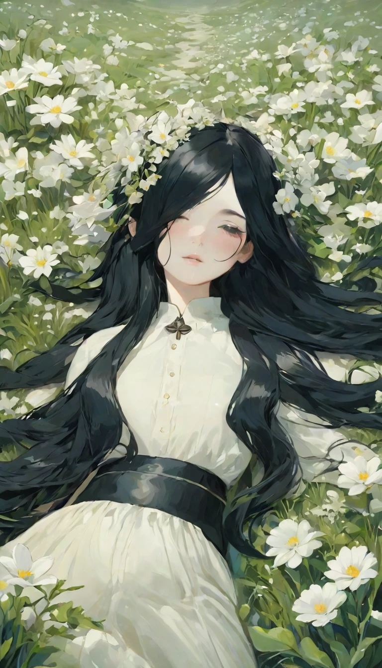  (óleo:1.5),
\\
Uma mulher com longos cabelos pretos e flores brancas no cabelo está deitada em um campo de flores brancas。, (Amy Sol:0.248), (Stanley Artjam Lau:0.106), (pintura detalhada:0.353), (arte gótica:0.106)