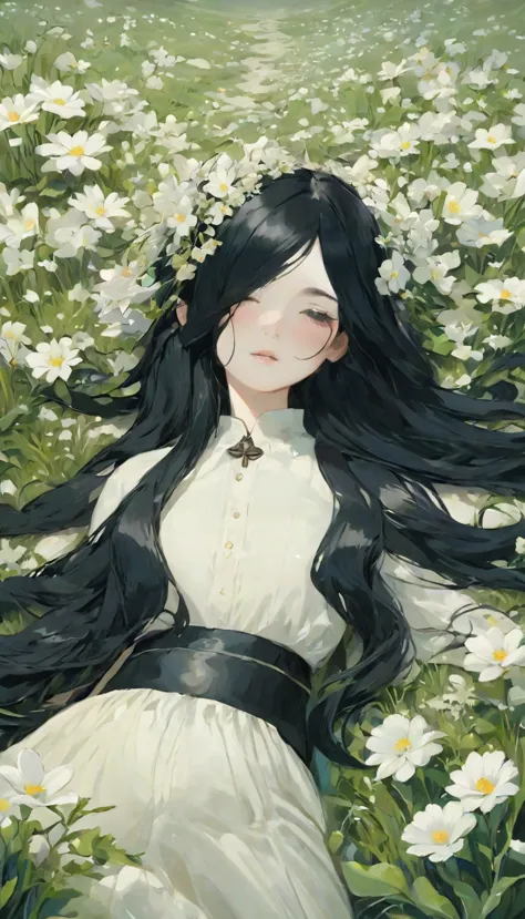  (oil:1.5),
\\
A woman with long black hair and white flowers in her hair is lying in a field of white flowers。, (Amy Sol:0.248)...