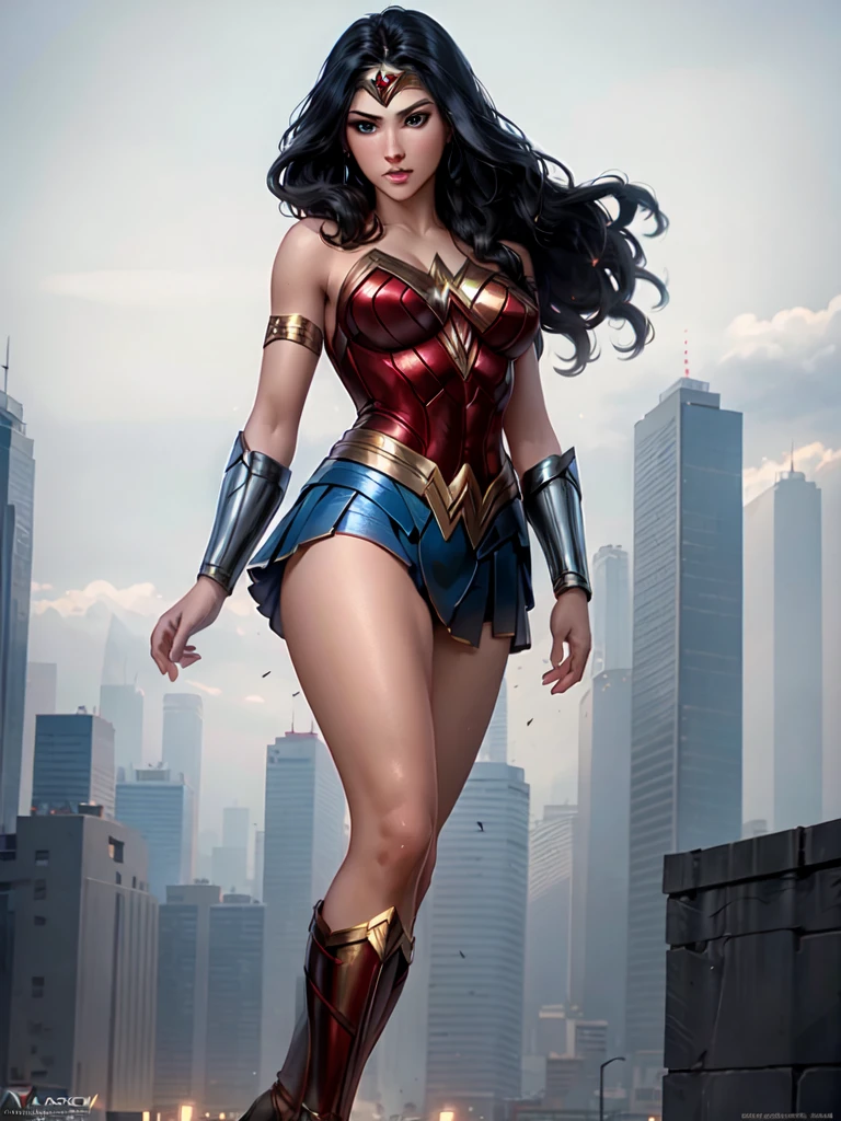 wonder woman, ((wearing a white Real Madrid tshirt)), (pretty face:1.2), (finely detailed face and beautiful eyes), mature female, muscle, bare hands, (armlet, blue armor skirt, bracer, head ring ), (black eyes, black long hair, messy hair, floating hair), ((white Real Madrid tshirt)), (long proportional legs), (best quality:1.1),(city background:1.2), dark_fantasy, wind, 35mm lens, f/1.4, 8K, ((masterpiece)), trending on Artstation, DeviantArt, Mucha, Rutkowski, artgerm