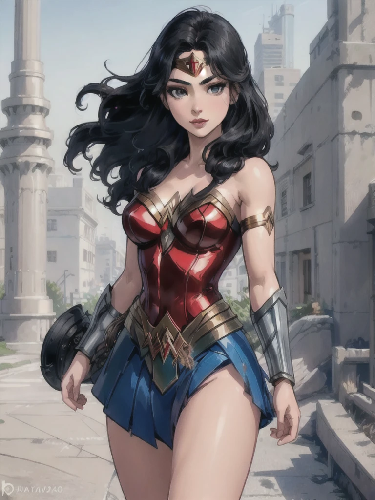 wonder woman, ((wearing a white Real Madrid tshirt)), (pretty face:1.2), (finely detailed face and beautiful eyes), mature female, muscle, bare hands, (armlet, blue armor skirt, bracer, head ring ), (black eyes, black long hair, messy hair, floating hair), ((white Real Madrid tshirt)), (long proportional legs), (best quality:1.1),(city background:1.2), dark_fantasy, wind, 35mm lens, f/1.4, 8K, ((masterpiece)), trending on Artstation, DeviantArt, Mucha, Rutkowski, artgerm