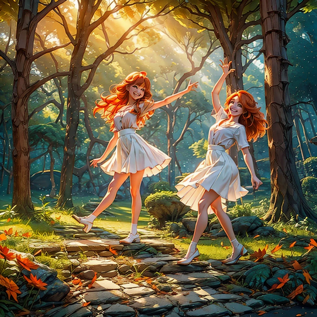 EmmaEl País De Nunca Jamás, orange flaming hair, zapatos marrones, falda blanca, ojos verdes brillantes, mostrar todo el cuerpo, bailando en el bosque, bosques soleados de otoño en el fondo, sonriendo de alegría, mirando al espectador, Los suaves rayos del sol se reflejan en su cabello., 