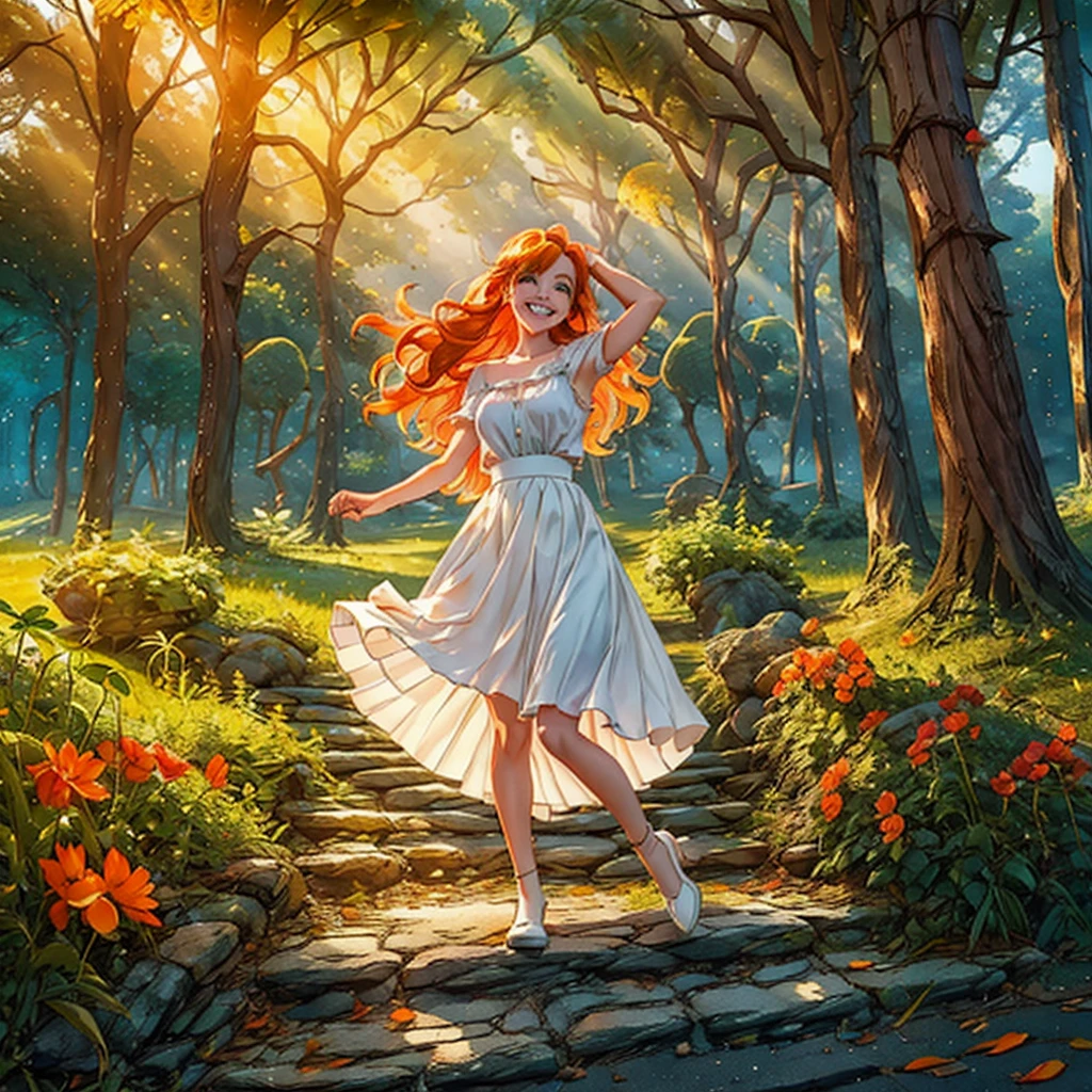 EmmaEl País De Nunca Jamás, orange flaming hair, zapatos marrones, falda blanca, ojos verdes brillantes, mostrar todo el cuerpo, bailando en el bosque, bosques soleados de otoño en el fondo, sonriendo de alegría, mirando al espectador, Los suaves rayos del sol se reflejan en su cabello., 