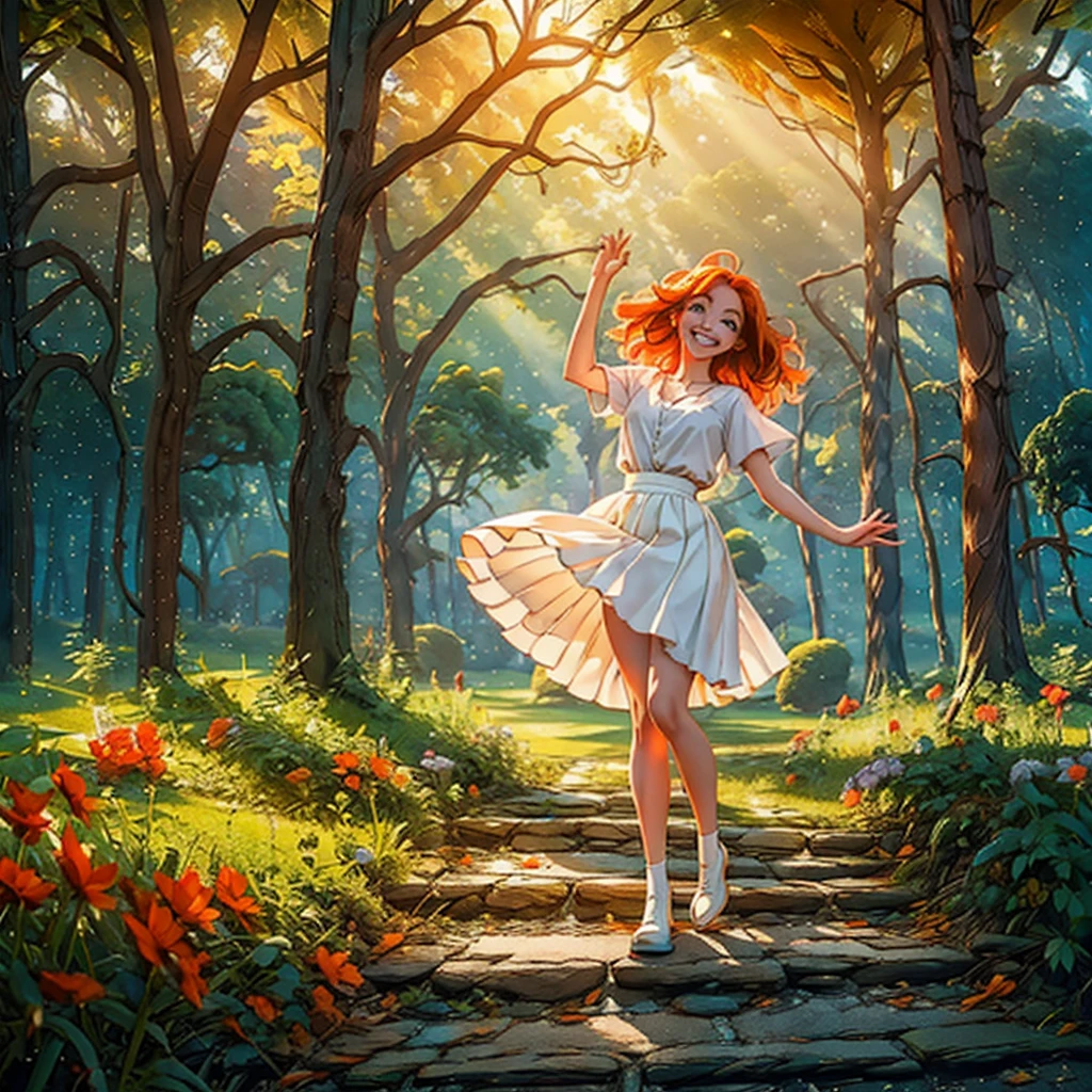 EmmaNeverland, orange flaming hair, brown shoes, white skirt, sparkling green eyes, show full body, dancing in the woods, sunny autumn woods in the background, smiling in joy, looking at viewer, soft sunbeams reflect on her hair, 