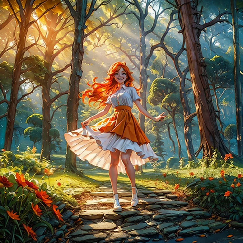 EmmaEl País De Nunca Jamás, orange flaming hair, zapatos marrones, falda blanca, ojos verdes brillantes, mostrar todo el cuerpo, bailando en el bosque, bosques soleados de otoño en el fondo, sonriendo de alegría, mirando al espectador, Los suaves rayos del sol se reflejan en su cabello., 