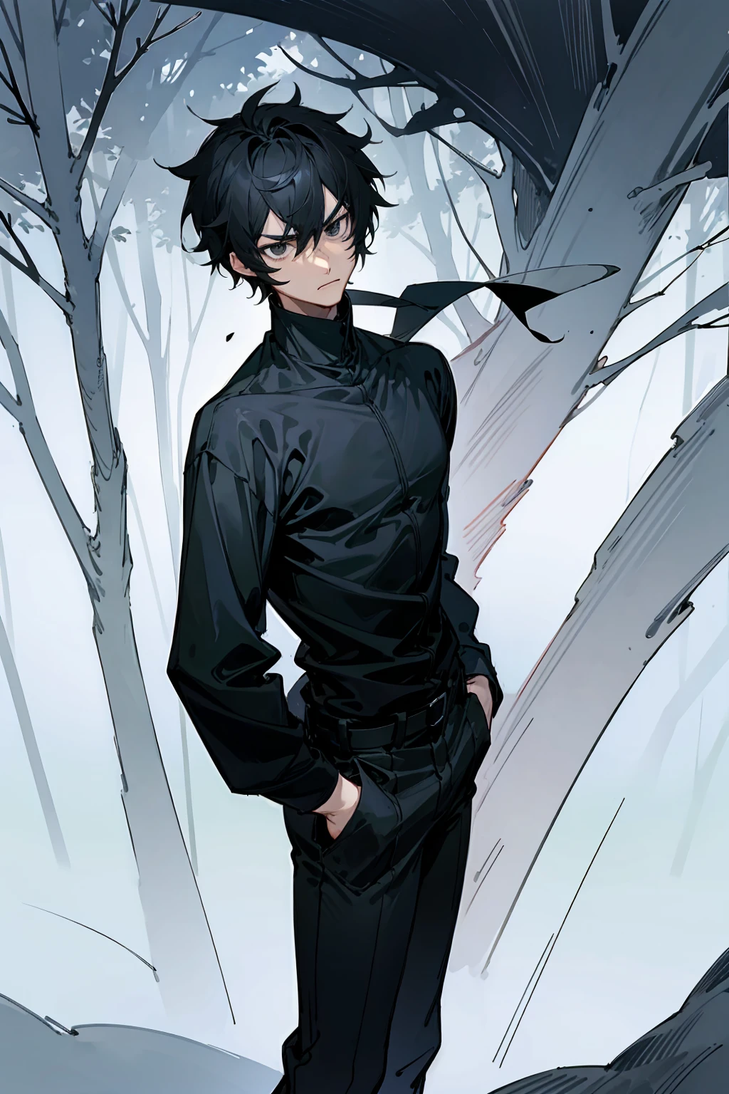 1male , Black Hair , Black Eyes , Serious Expression,  Male , Black Longsleeve Shirt, Fitted Clothing , Black Turtleneck , Bright Lightning , Forest Background , Standing on path , 